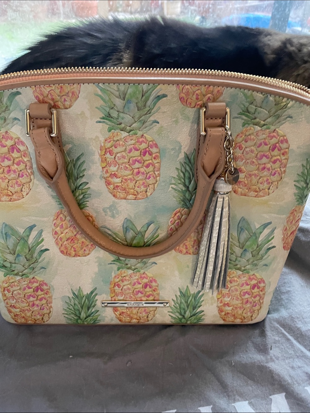 Brahmin Pineapple Print Dome Satchel - Beige with Tan Handles
